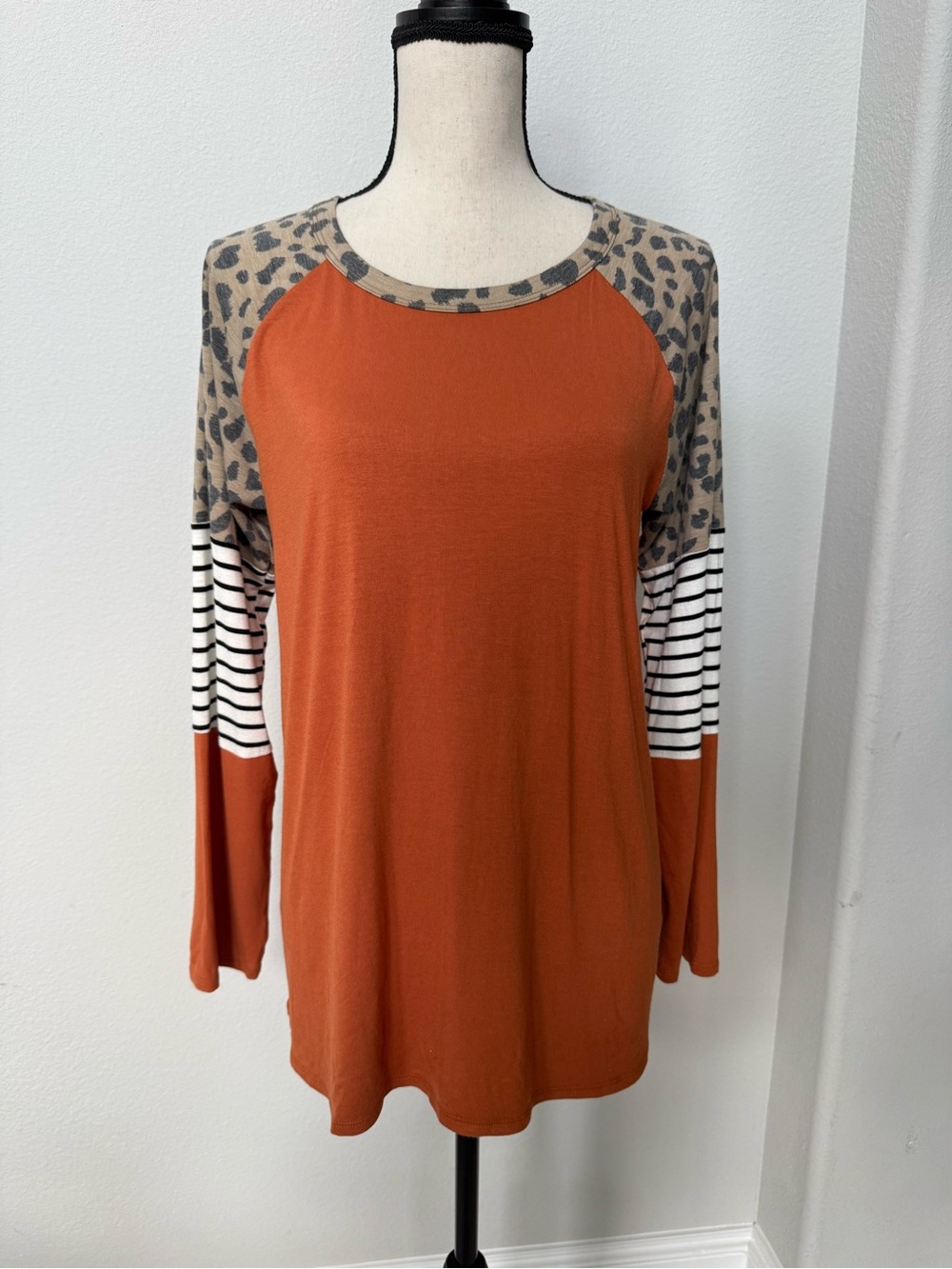 Orange Leopard Stripes Long Sleeve Raglan Tee